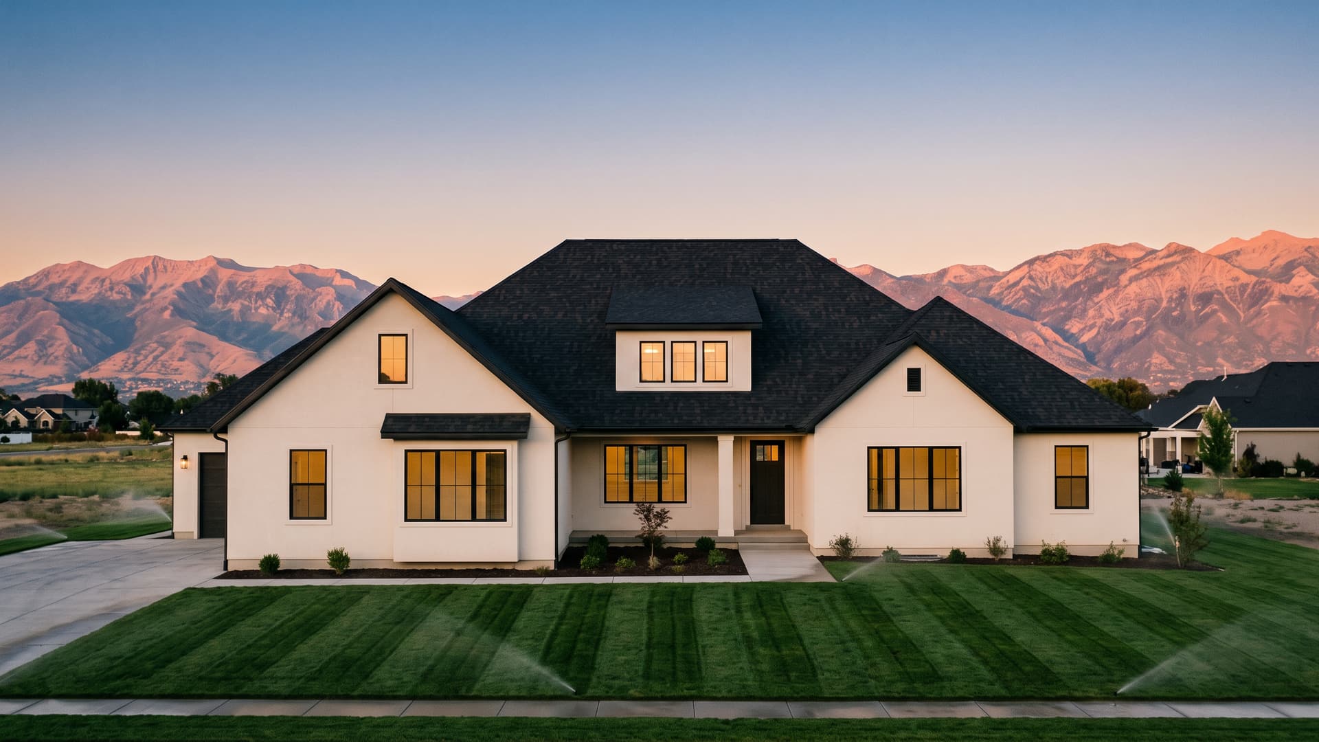 Illustration of a two-story Salt Lake County home at dusk beneath the Wasatch peaks