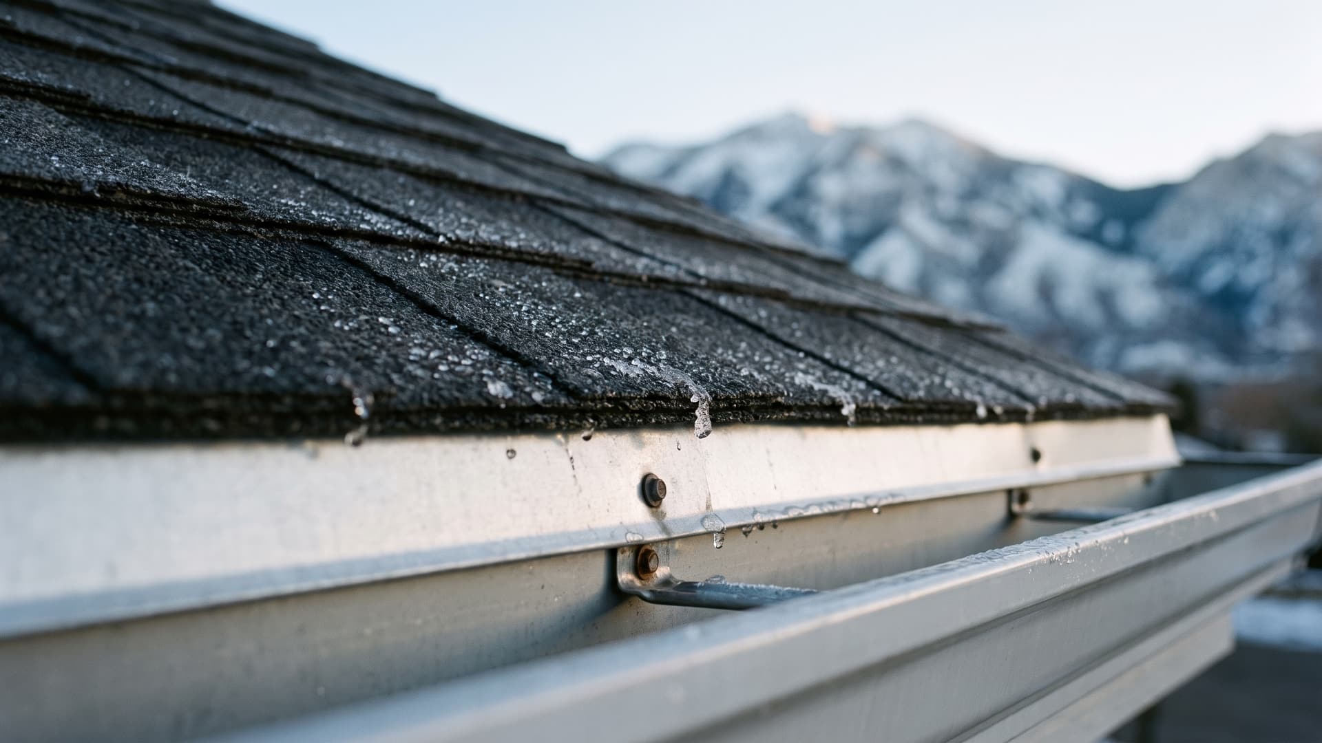Illustration of a shingled roof eave and drip edge up close
