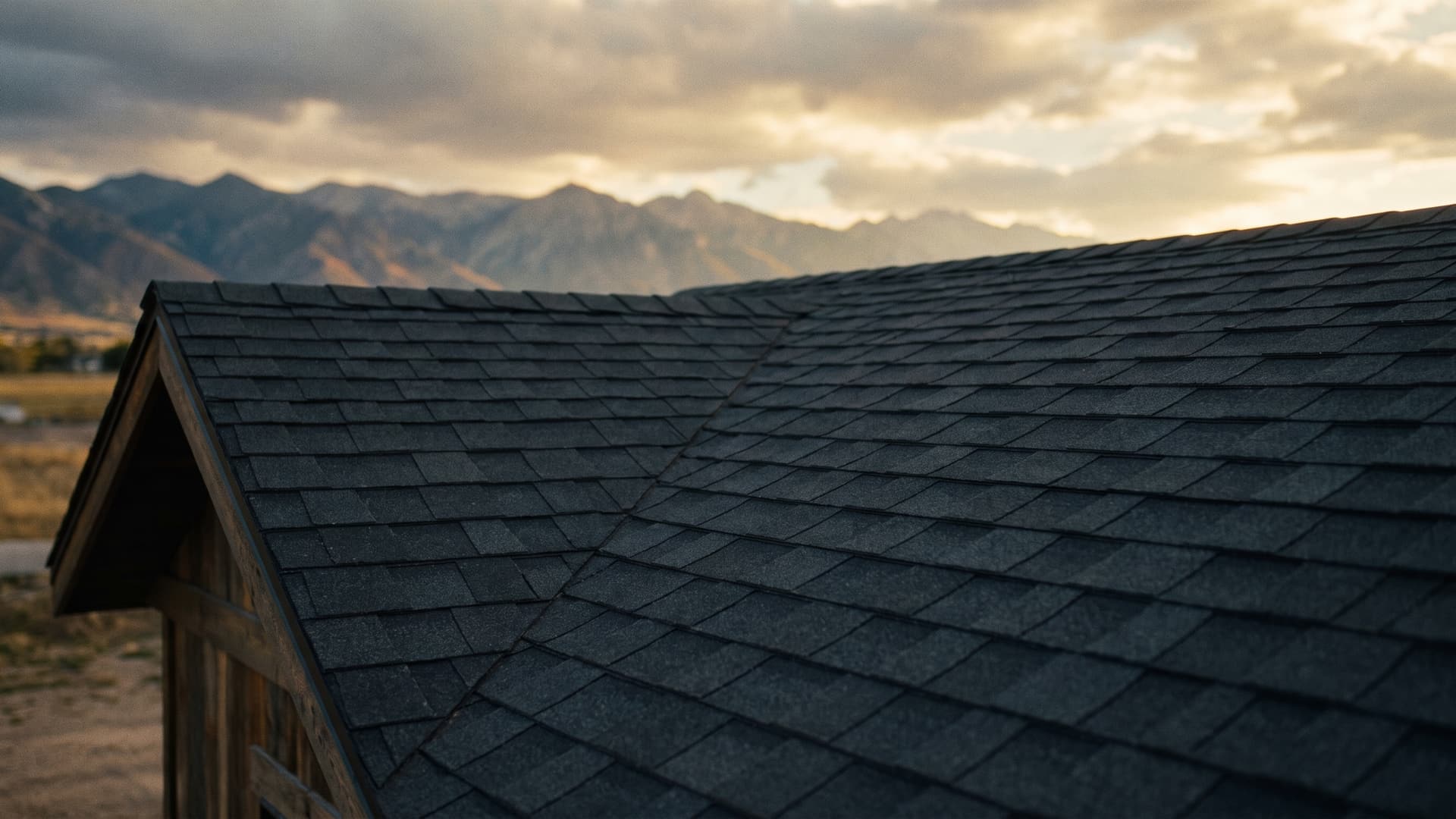 Illustration of a freshly shingled gable roof on a Utah home against the foothills