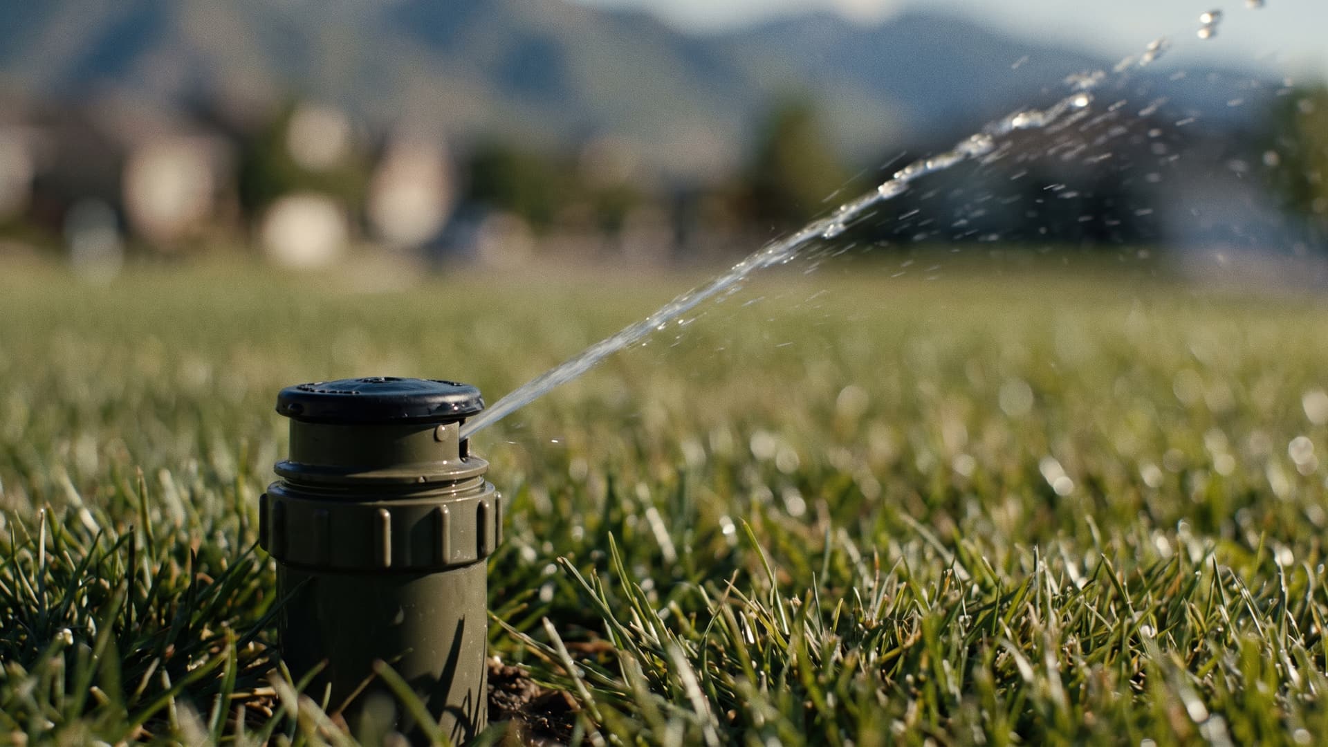 Illustration of a sprinkler rotor head up close, mid-spray
