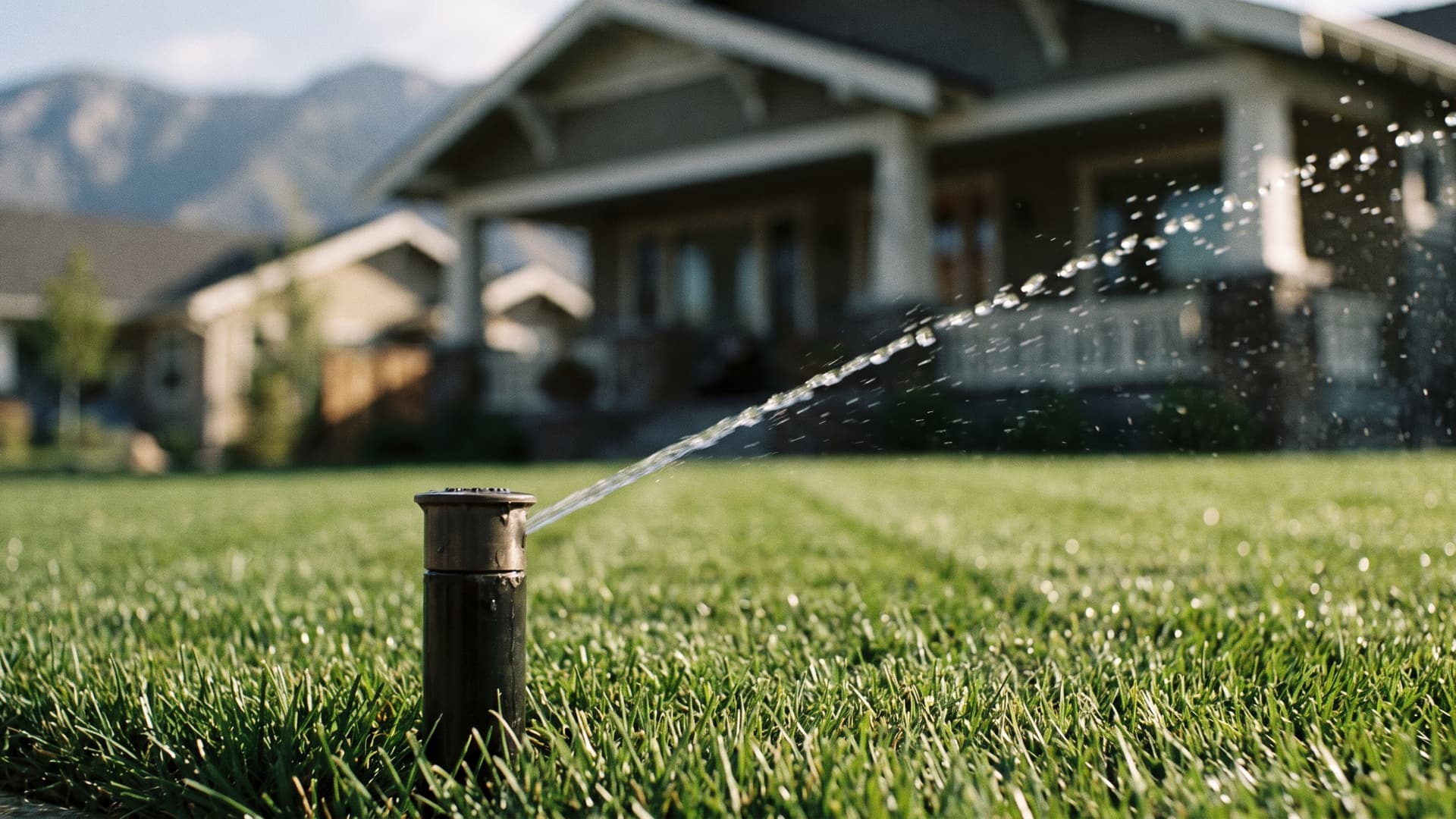 Illustration of a sprinkler rotor watering a green lawn in the Salt Lake Valley at golden hour